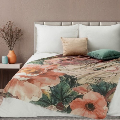 Koc w kwiaty Chloe 150x200cm pomarańczowo-kremowy jako narzuta na łózko