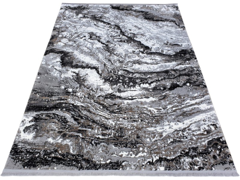 Rzut ukośny dywanu wzór marmur z frędzlami Exclusive 100 szaro-czarnego