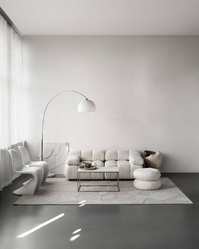 Dywan wełniany jasny szary Agnella Ladnini Morphic Botanica w salonie