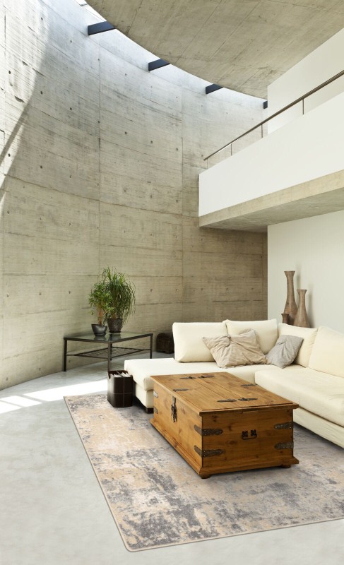 Dywan wełniany loftowy Agnella Isfahan M Contre piaskowy w nowoczesnym wnętrzu