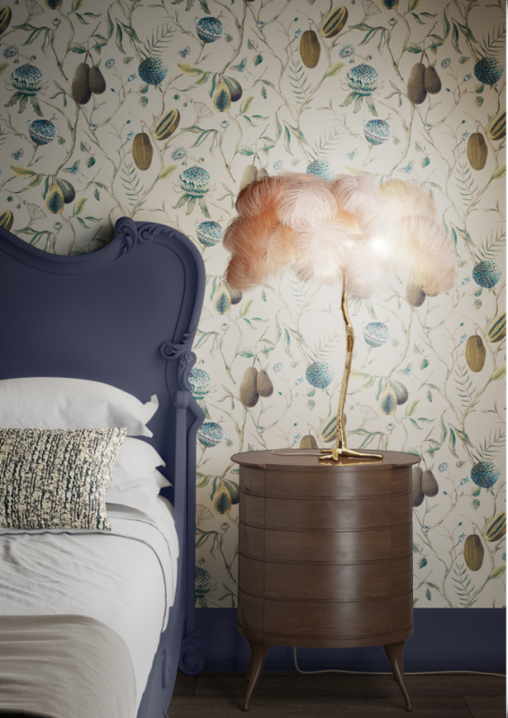 Sypialnia z tapetą Khroma Cabinet CAB602 Papaya Peacock.png