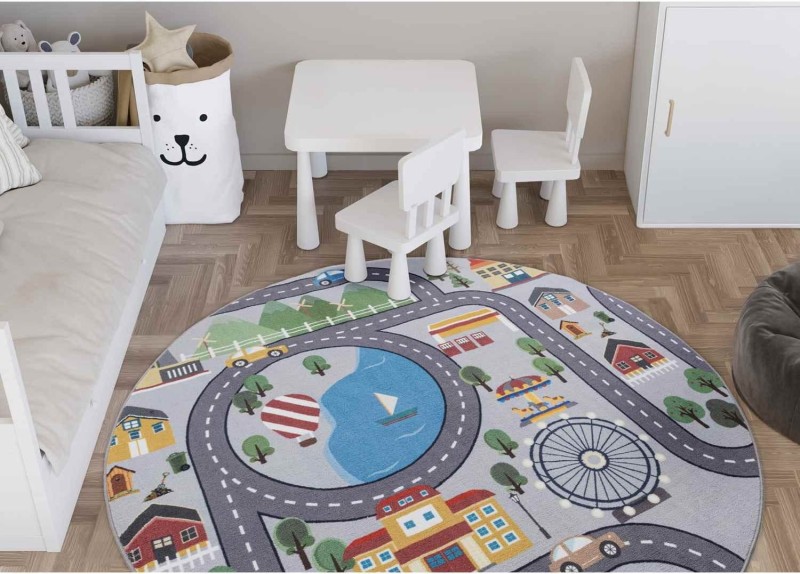 Okrągły szary dywanu dziecięcy antypoślizgowy Ares ulice  w pokoju