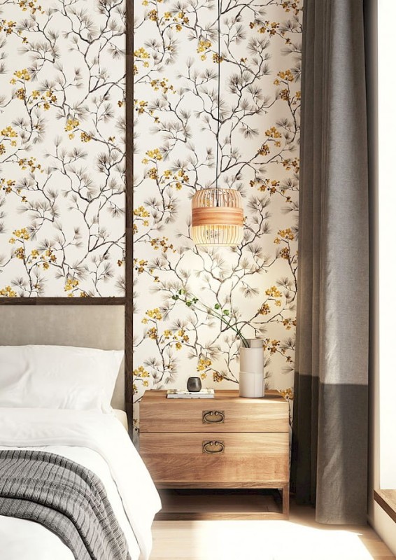 Sypialnia z tapetą w stylu japońskim Khroma Kimono KIM103 Haru Gold.jpg