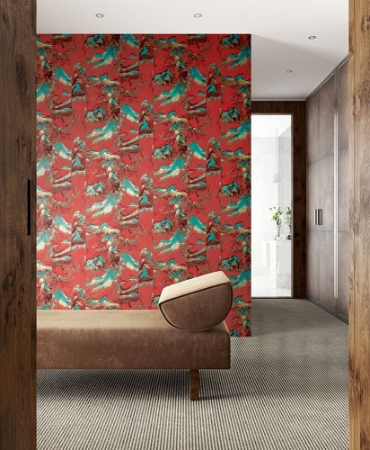Łóżko w salonie z tapetą Khroma Kimono KIM304 Akiyama Spicy.jpg