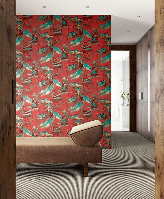Łóżko w salonie z tapetą Khroma Kimono KIM304 Akiyama Spicy.jpg