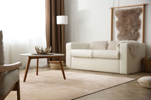 Dywan wełniany nowoczesny Agnella Tempo Natural Reef beż w salonie