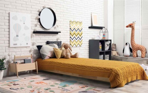 Dywan dziecięcy antypoślizgowy Ares ulice beżowy w pokoju