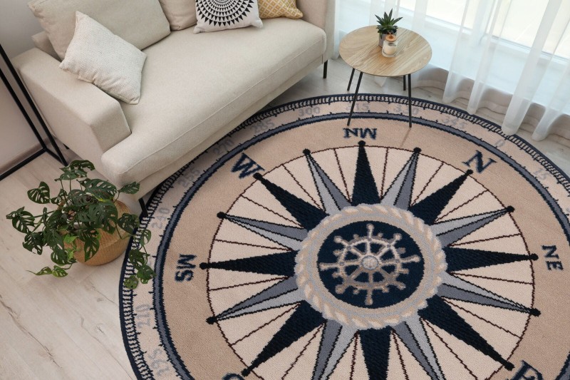 Dywan okrągły przy sofie Agnella Ballata Kompas beż.jpg