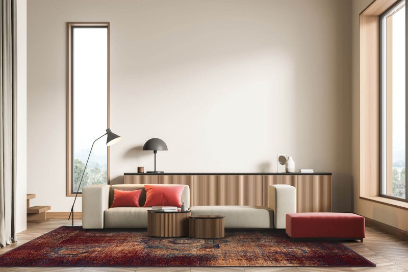 Dywan wełniany Agnella Isfahan Baszra bordowy w minimalistycznym salonie