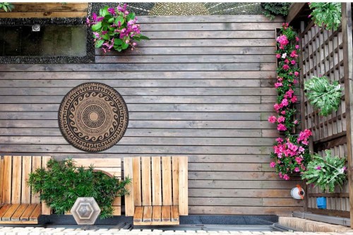 Dywan okrągły zewnętrzny outdoor Delmar Grecki brąz na tarasie