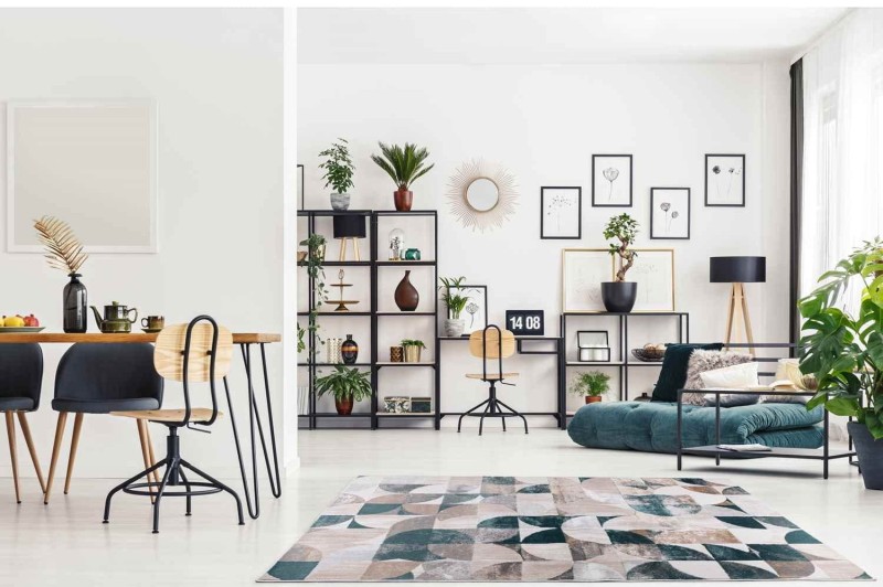 Dywan nowoczesny Evaz geometria wielokolorowy w pokoju