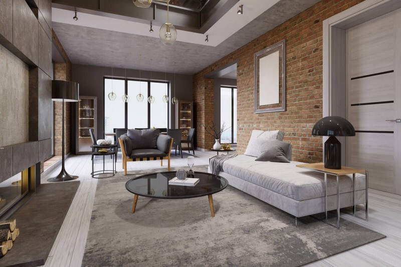 Dywan wełniany Agnella Calisia Bran beżowy w salonie w stylu loft