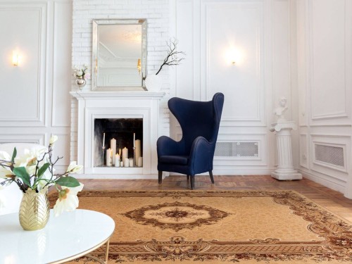 Dywan wełniany Agnella Agnus Nefretete bursztyn w salonie w stylu modern classic