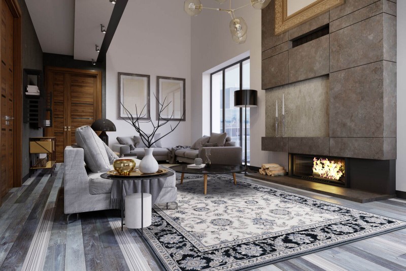 Dywan wełniany klasyczny Agnella Isfahan Anafi biały w nowoczenym salonie z kominkiem