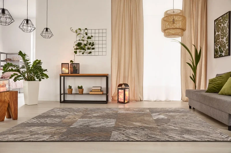 Dywan wełniany nowoczesny Agnella Ballata Vixi kolor brązowy w pokoju dziennym w stylu boho