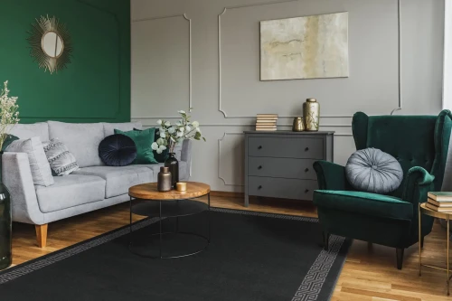 Dywan wełniany Agnella Ballata Marro kolor antracyt w salonie w stylu modern classic