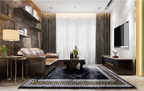 Dywan Creation ornament grecki czarno-złoty w salonie