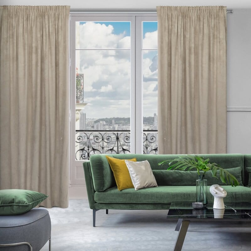 Zasłony beżowo-złote w salonie 140x300 cm na taśmie Nadia