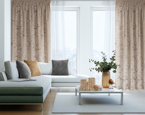 Zasłony w kwiaty w salonie 140x270 cm welurowe na taśmie Selena beżowe