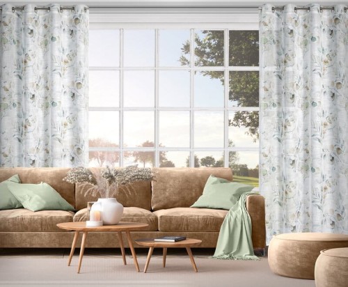 Zasłony w liście w salonie 140x250 cm na przelotkach Sena biało-pastelowa