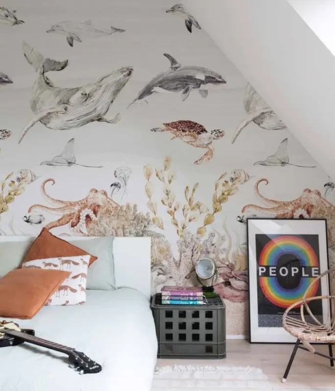 Mural Morski świat Grandeco Orom 2 A71601 w pokoju nastolatka.webp