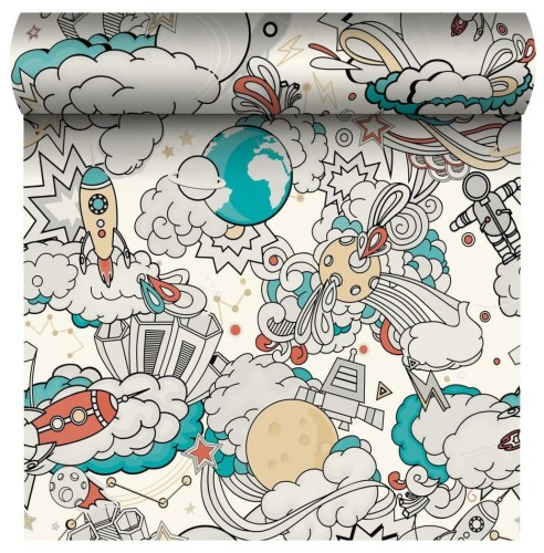 Tapeta dla dzieci Wallid 182001 wzór kosmos i rakiety - zdjęcie rozwiniętej rolki