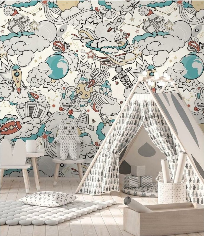 Tapeta kosmos i rakiety Wallid 182001 w pokoju dziecięcym z namiotem tipi i szarym dywanikiem