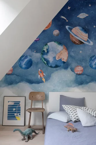 Pokój dziecka z muralem kosmos planety Grandeco Orom 2 A77201.webp