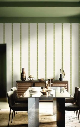 Jadalnia z tapetą w zielone pasy pionowe Arche 39035 Cristiana Masi.webp