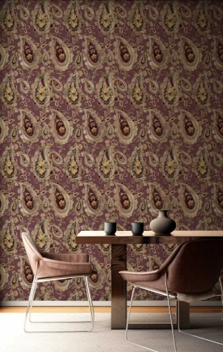 Tapeta bordowa wzór paisley Arche 39018 Cristiana Masi w jadalni.webp