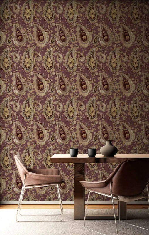 Tapeta bordowa wzór paisley Arche 39018 Cristiana Masi w jadalni.webp