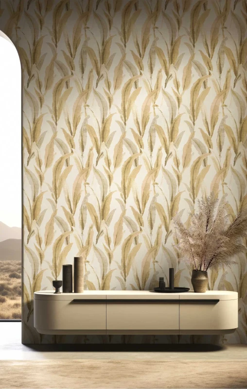 Beżowa tapeta liście Arche 39002 Cristiana Masi w salonie