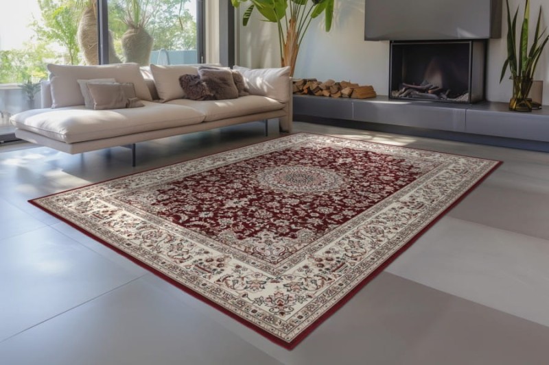 Czerwony dywan tradycyjny Lalee Home Dunya DUN 101 w salonie