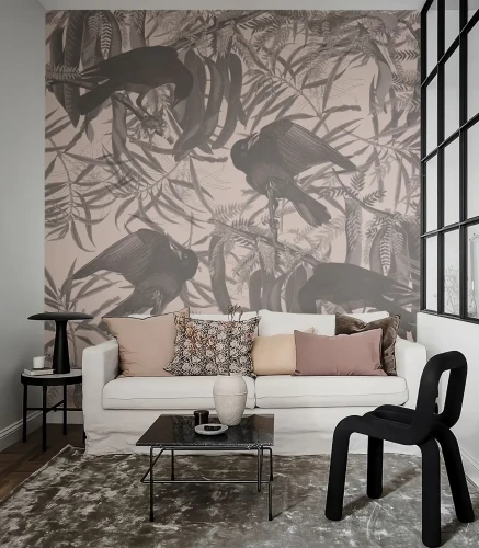 Tapeta Crows Beige Wallcolors w salonie.webp