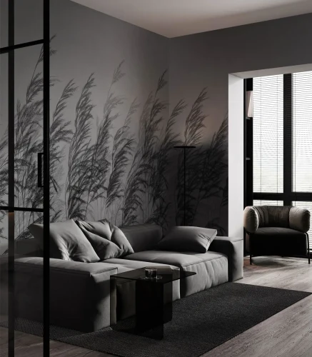 Tapeta dekoracyjna z trawami Cane Wallcolors w salonie.webp