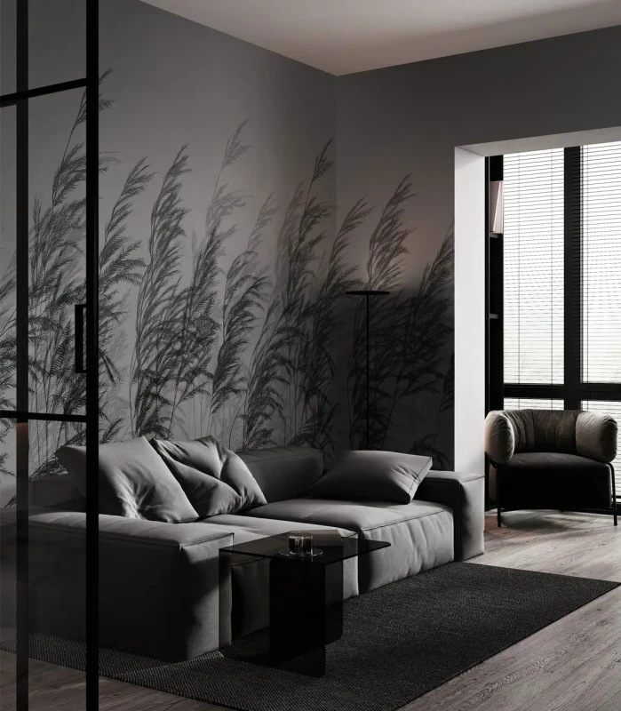 Tapeta dekoracyjna z trawami Cane Wallcolors w salonie.webp