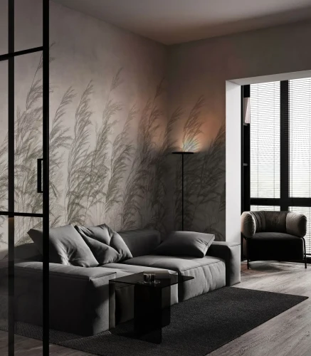 Tapeta z trawami Cane beige w salonie.webp