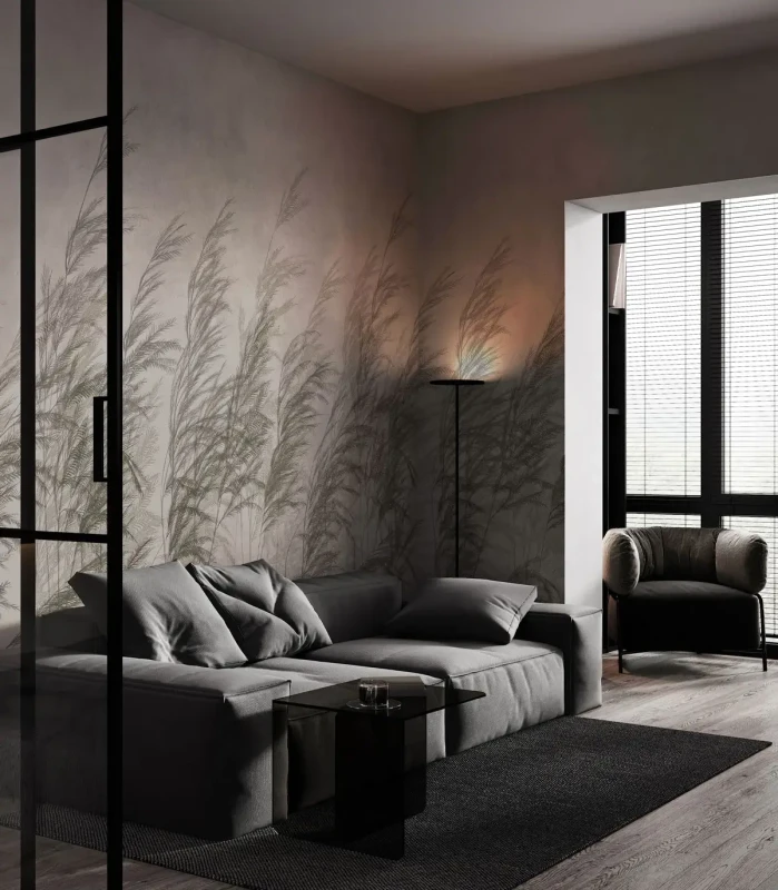 Tapeta z trawami Cane beige w salonie.webp
