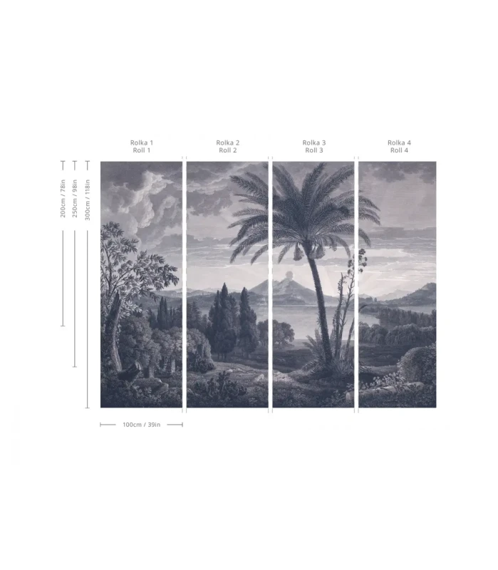 Wymiary tapety muralu Tropical Volcano Vista blue.webp