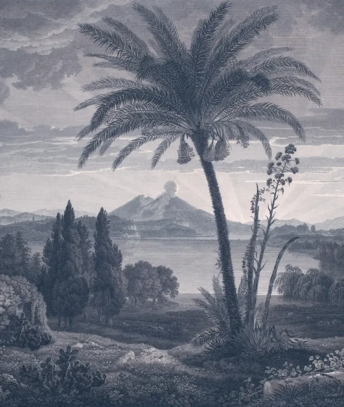 Tapeta egzotyczna z palmami Tropical Volcano Vista blue.webp