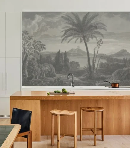 Mural egzotyczna roślinność Tropical Volcano Vista w kuchni.webp