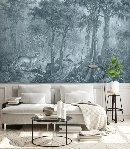 Tapeta Jungle Cat Blue w salonie.webp