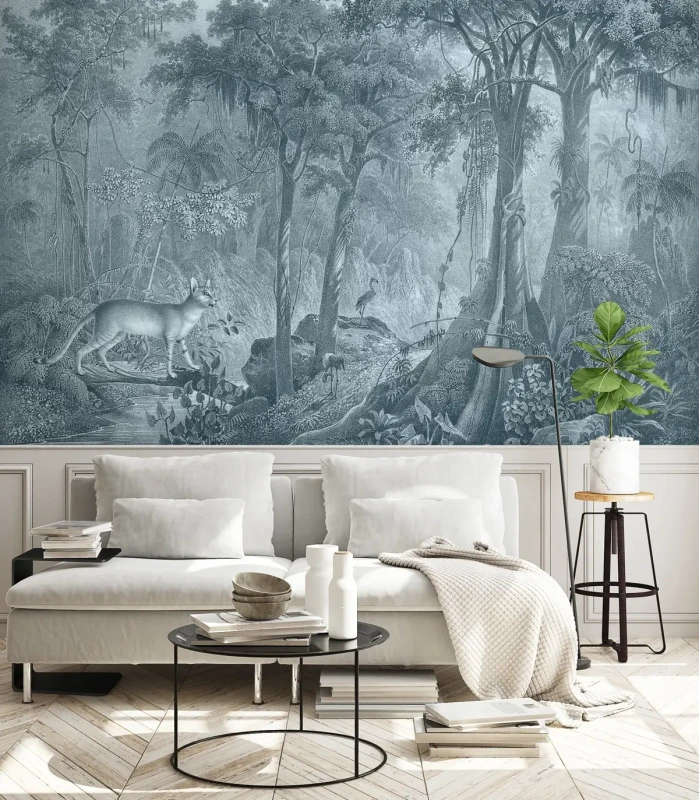 Tapeta Jungle Cat Blue w salonie.webp