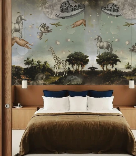 Tapeta safari z motywem kosmosu Stardust safari w sypialni.webp