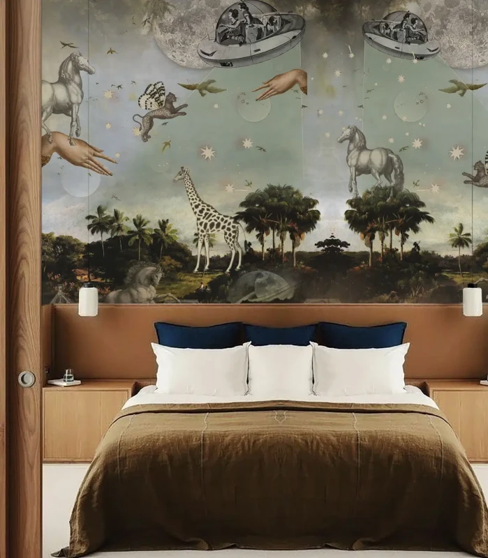 Tapeta safari z motywem kosmosu Stardust safari w sypialni.webp