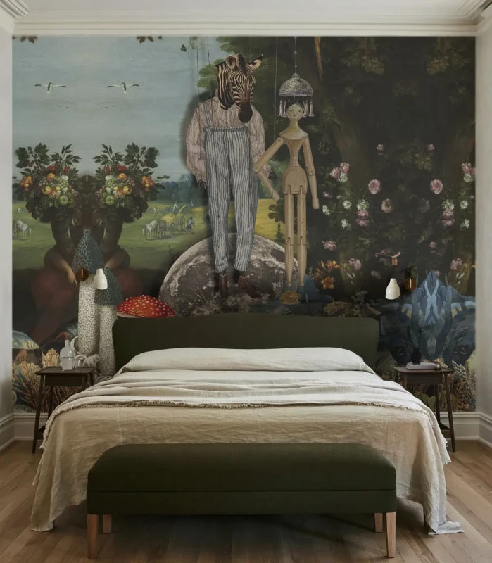 Mural ścienny w stylu kolażu Puppets Wallcolors w sypialni.webp