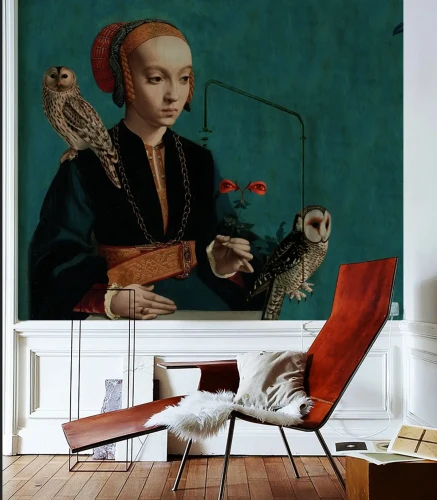 Tapeta vintage Owl Lady w salonie.webp