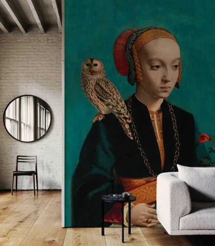 Artystyczna tapeta do salonu Owl Lady.webp