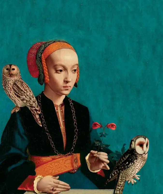 Tapeta vintage portret kobiety Owl Lady.webp