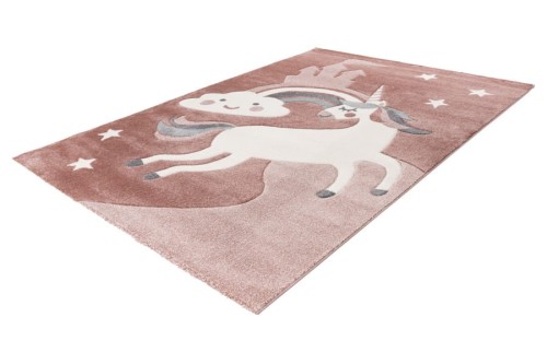 Rzut z boku na różowy dywan dziecięcy 3d jednorożec Lalee Kids Happy HAP 303